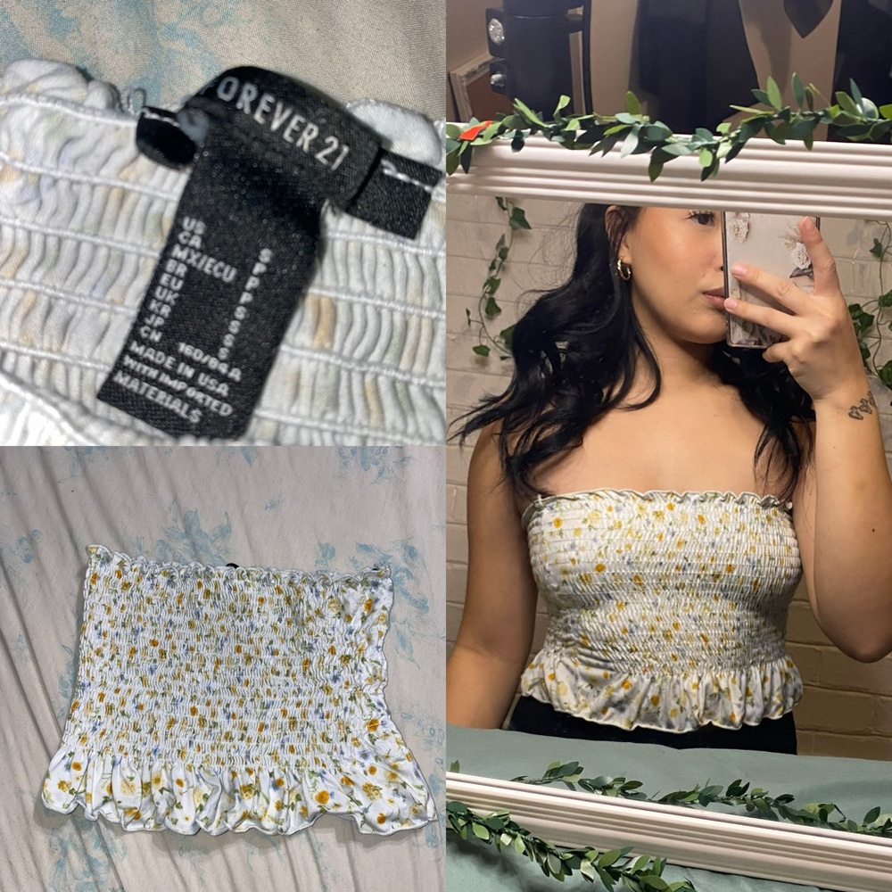 Forever 21 White and Yellow Floral Smocked Crop Top